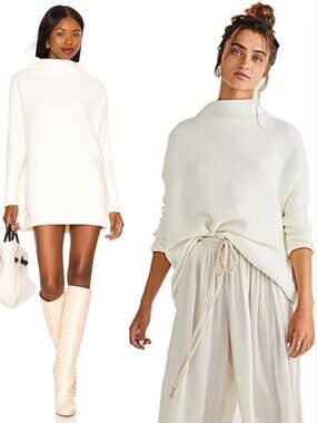 Free People White Ivory Ribbed Knit Slouchy Ottoman Tunic Sweater